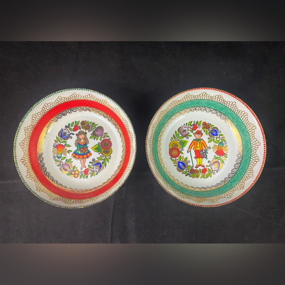 2x Vintage Arta Austria Enameled Small Dish Bowls 4.75” Boy Girl Flowers